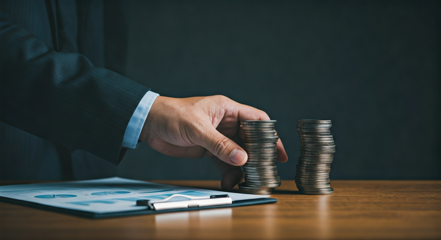 Hand stacking coins beside financial document on table.