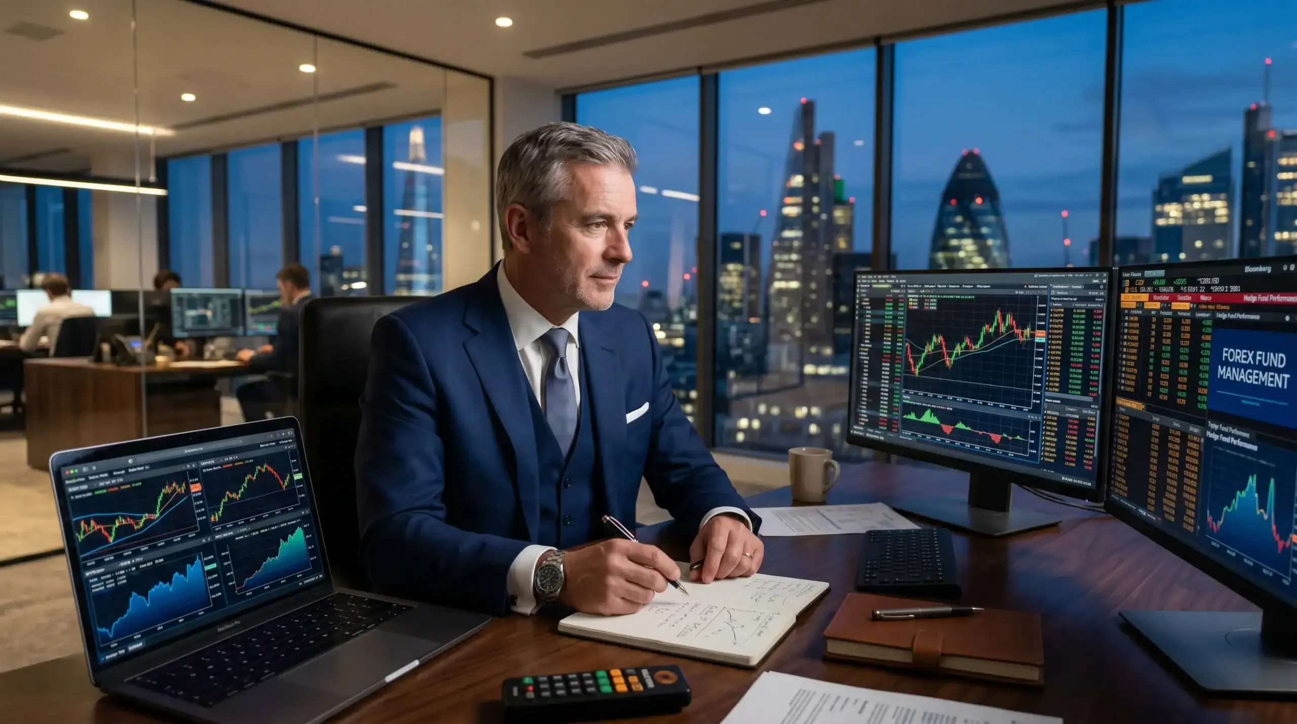 Man analyzing stock market data on multiple screens.