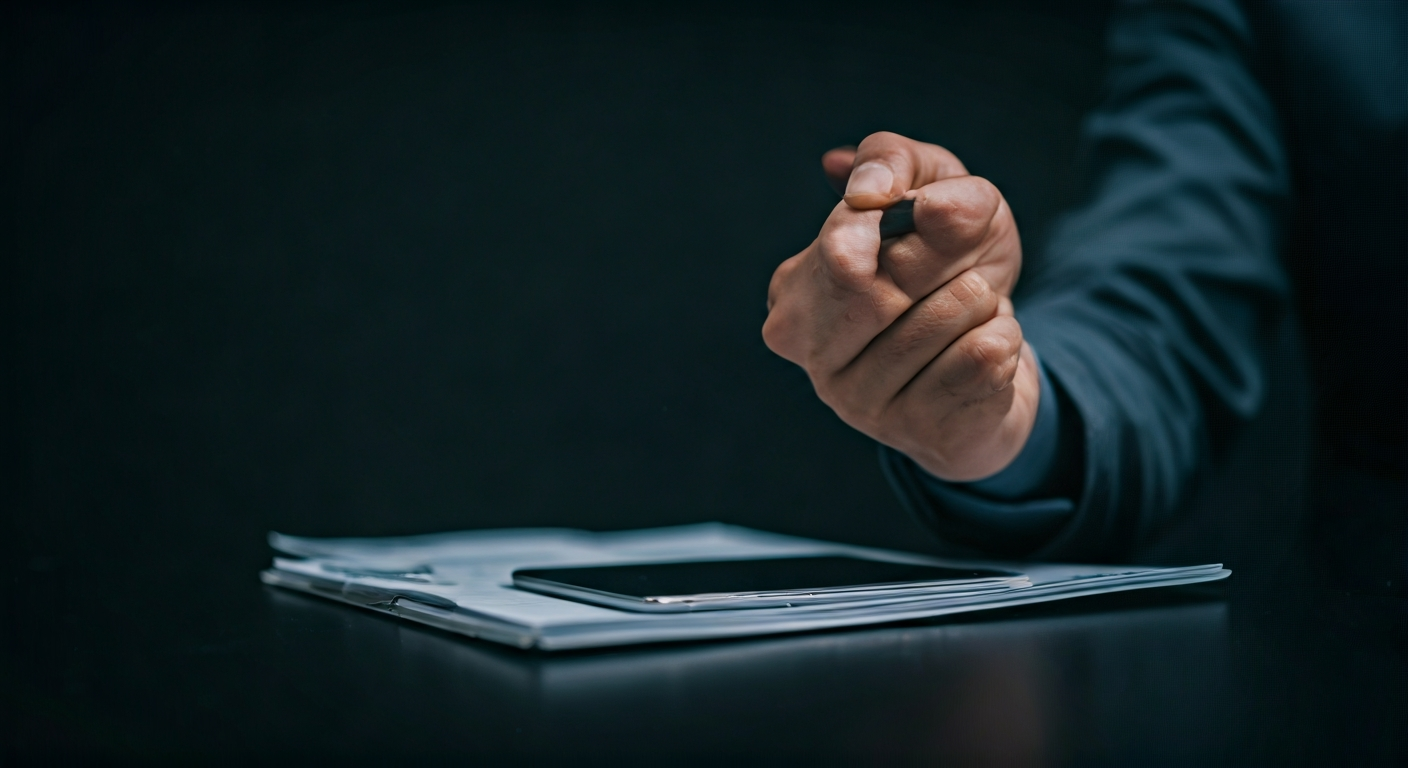 Hand holding pen over documents and smartphone.