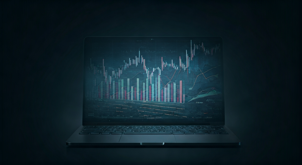 Laptop displaying colorful financial market graph.