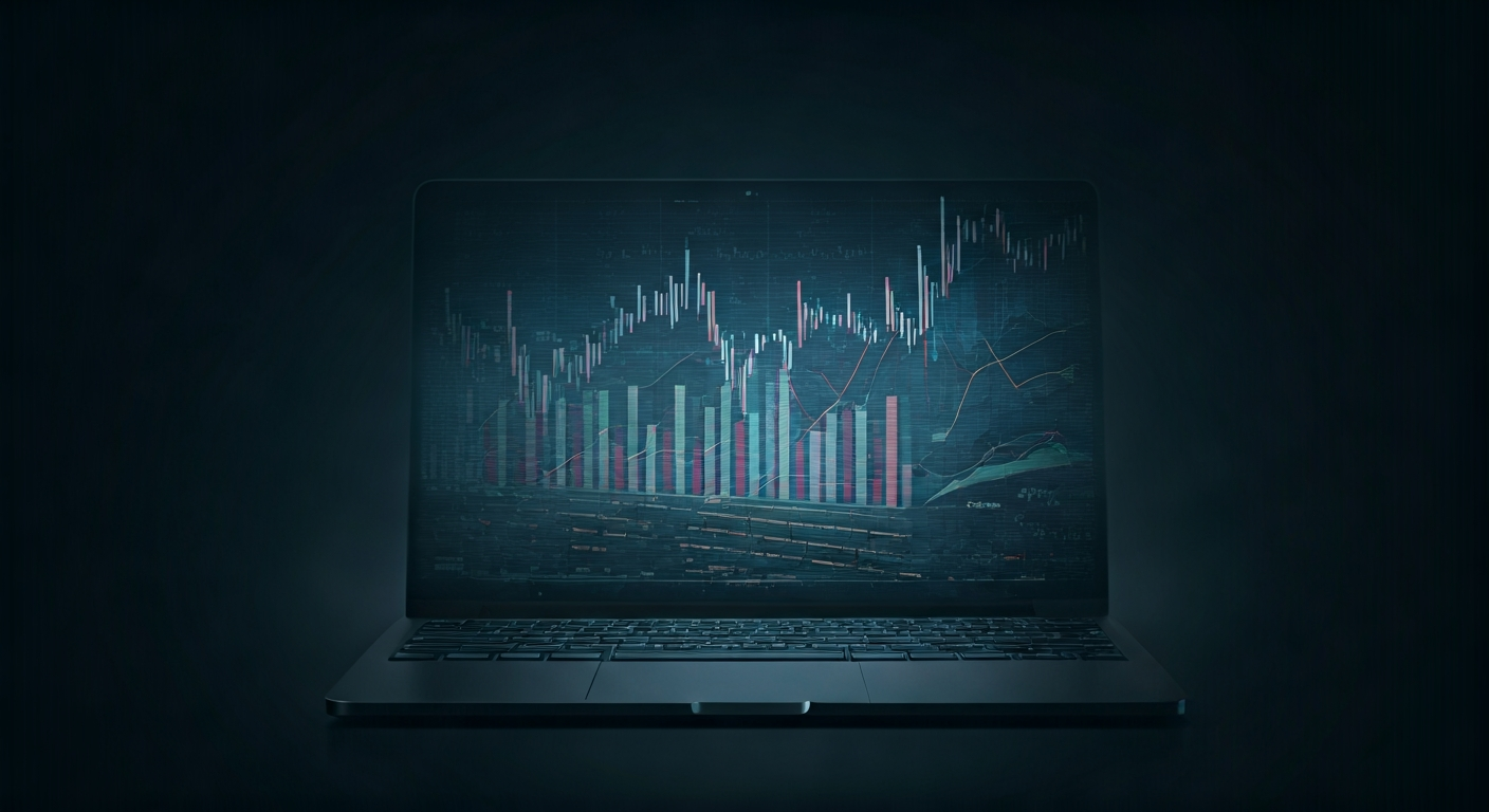 Laptop displaying colorful financial market graph.
