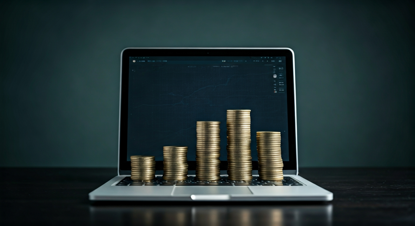Stacked coins on laptop symbolize financial growth.