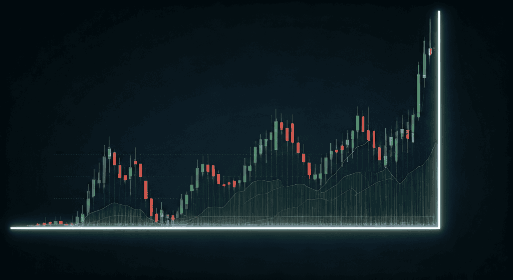 Stock market candlestick chart with price trend lines.