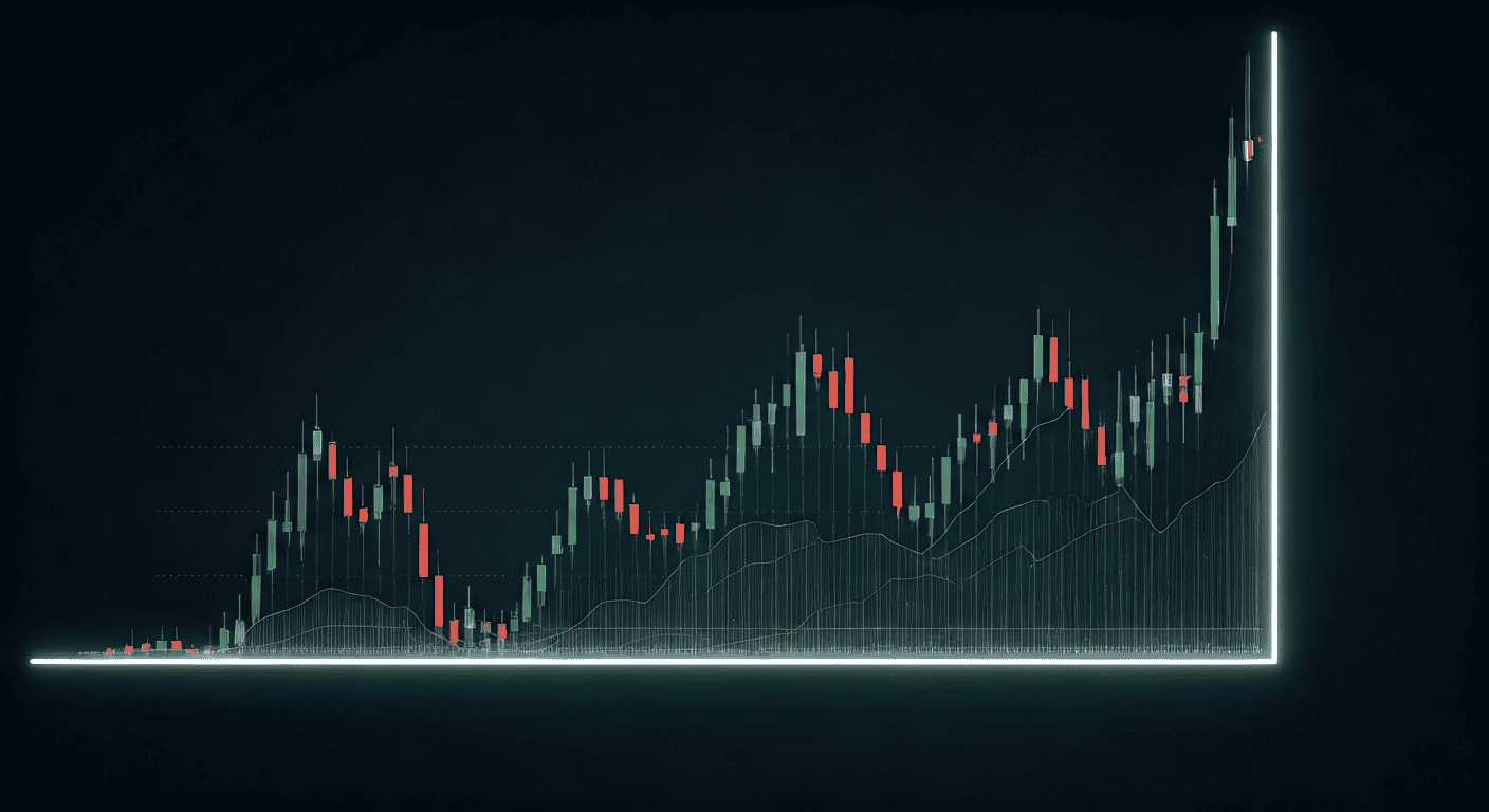 Stock market candlestick chart with price trend lines.