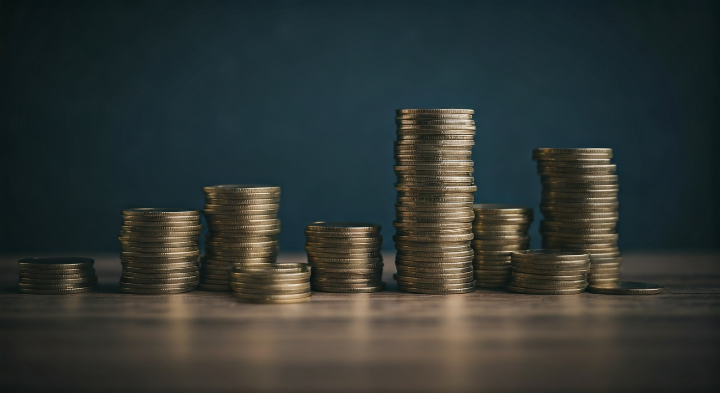Stacks of coins on wooden surface.