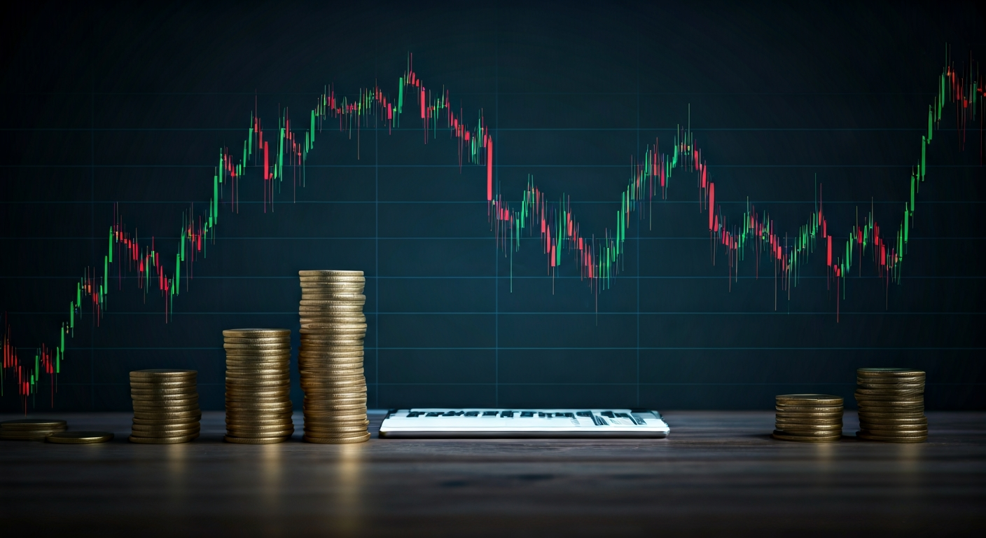 Stacks of coins, stock market chart backdrop.