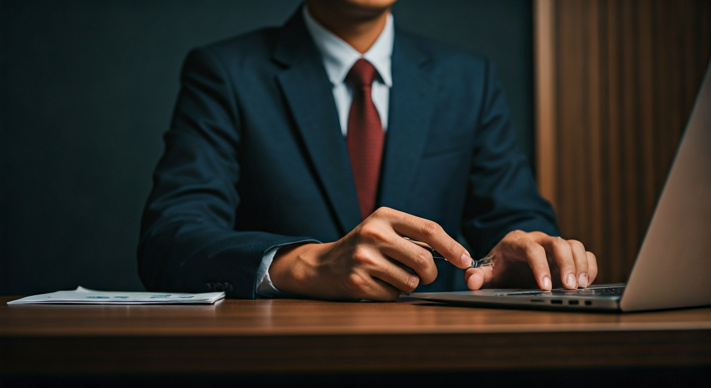 Businessman working on laptop with documents.