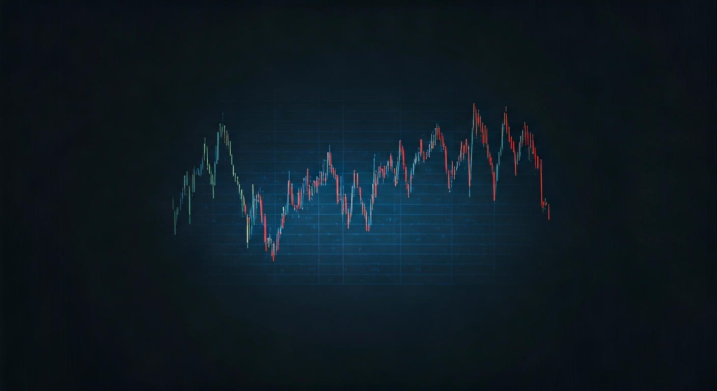Stock market candlestick chart on dark background.