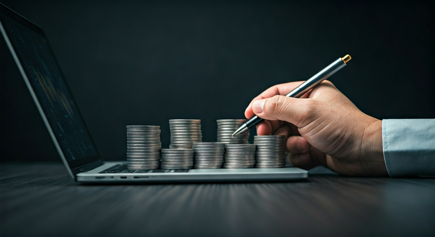 Hand stacking coins on laptop, financial growth concept.