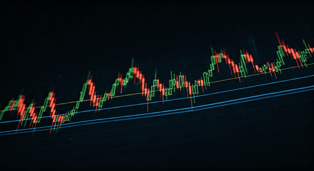 Colorful stock market candlestick chart on screen