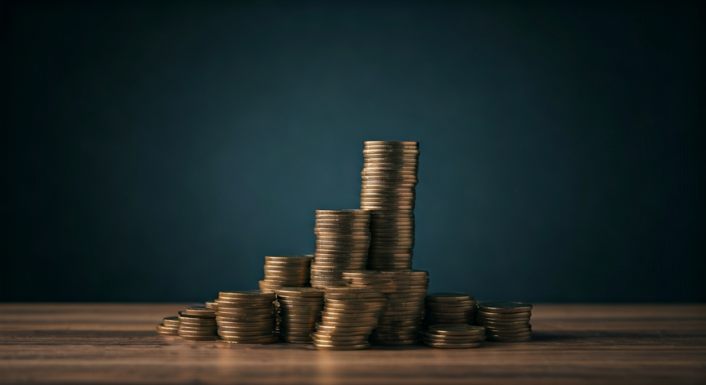 Stacks of coins on wooden surface