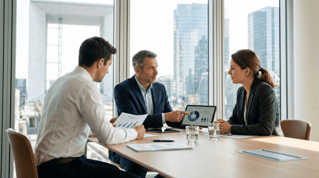 Business meeting with financial presentation in office