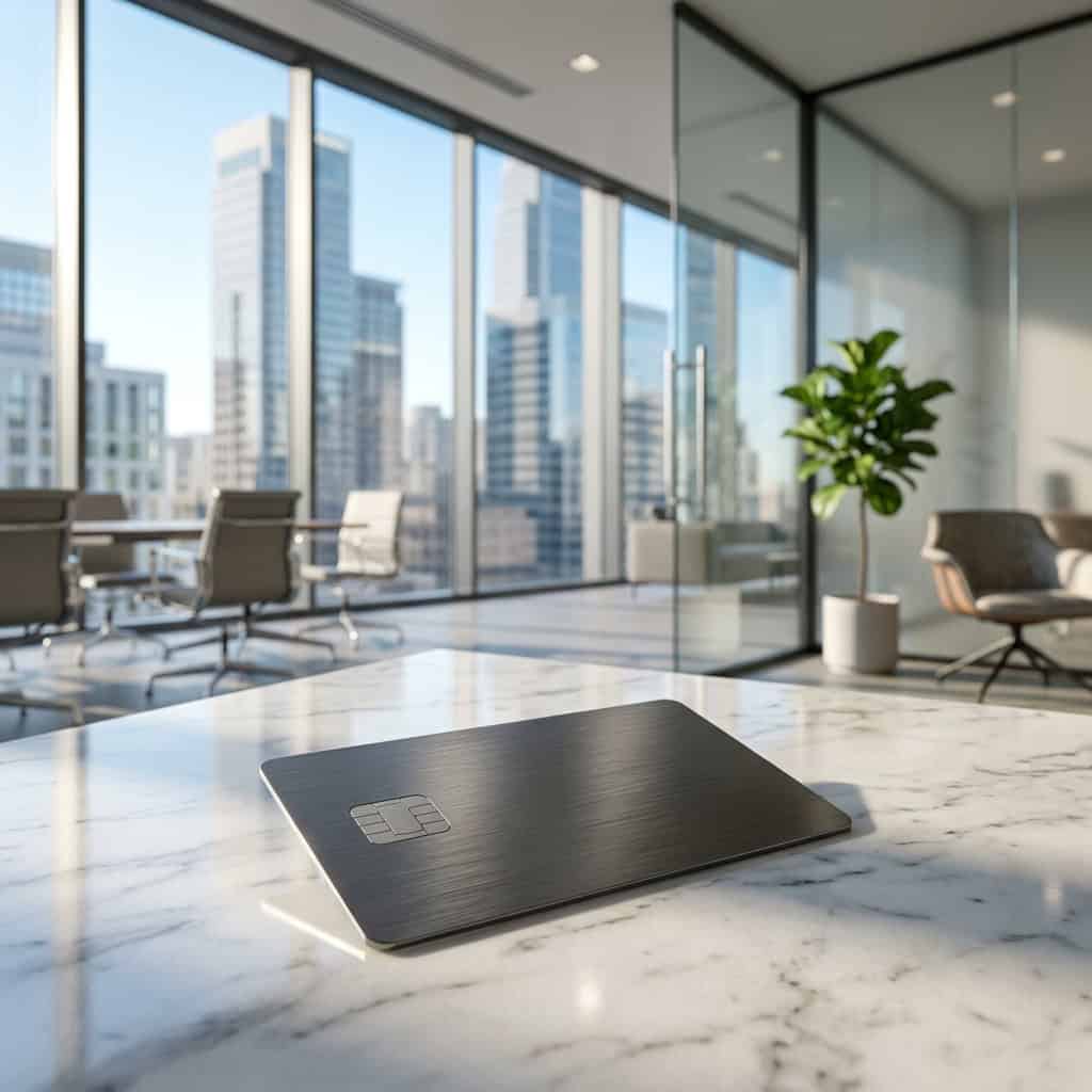 Modern office with marble table and city view.