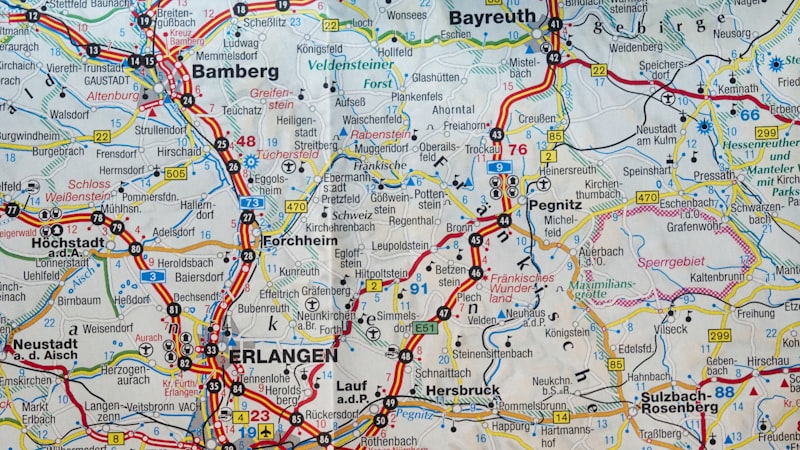 Map of Northern Bavaria roads and towns.