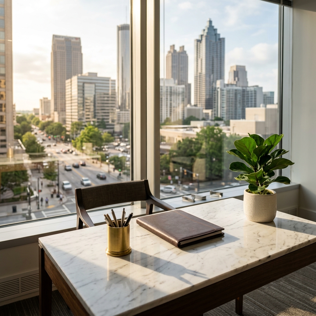 Modern office with cityscape view and marble desk.