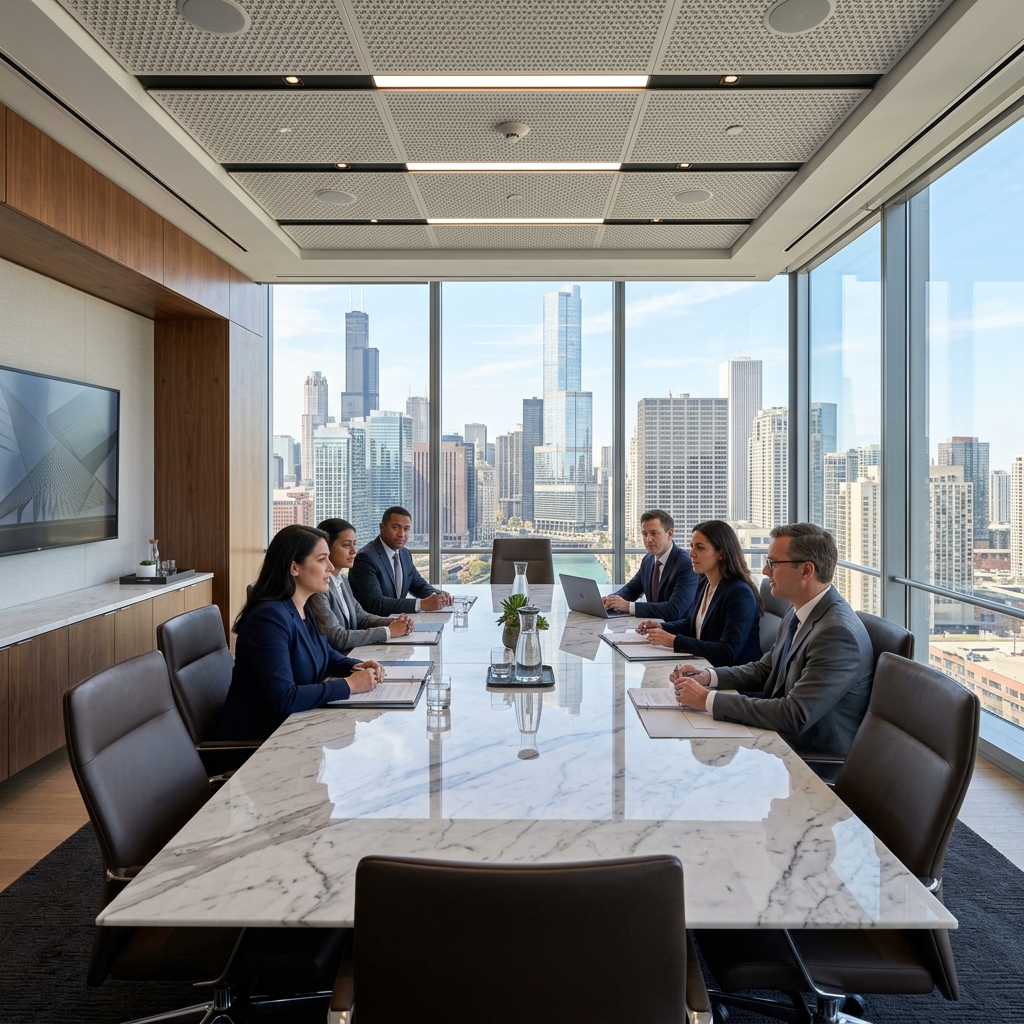 Business meeting in city office with skyline view.