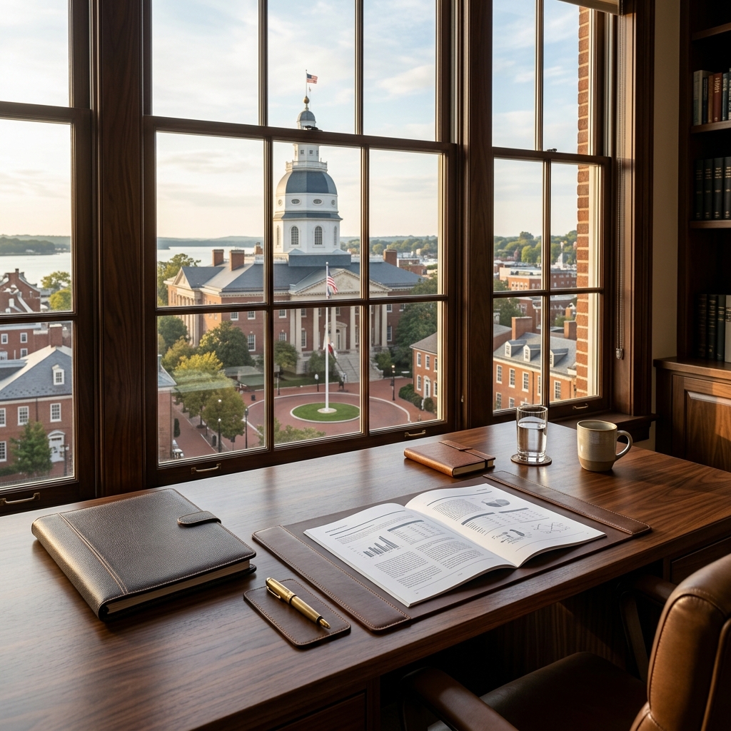 Sunny office view of historic building and courtyard.