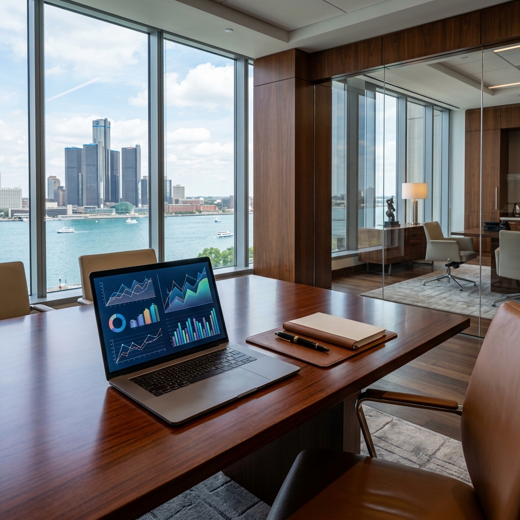 Laptop with charts in modern office overlooking cityscape.