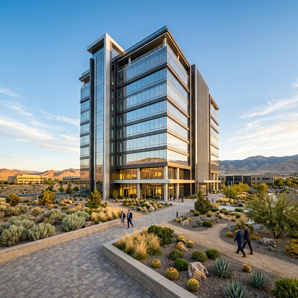 Modern office building with desert landscaping