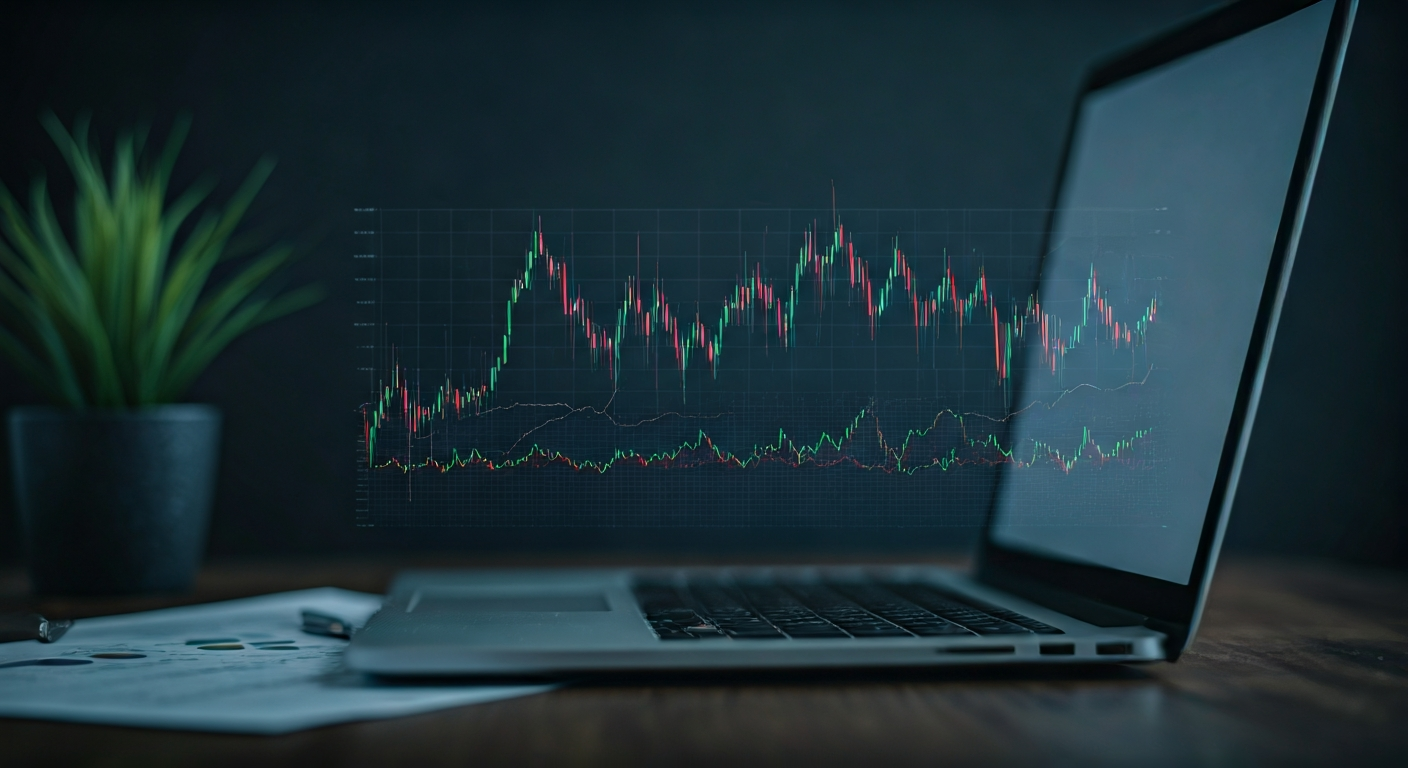 Laptop displaying stock market graph, plant beside it.
