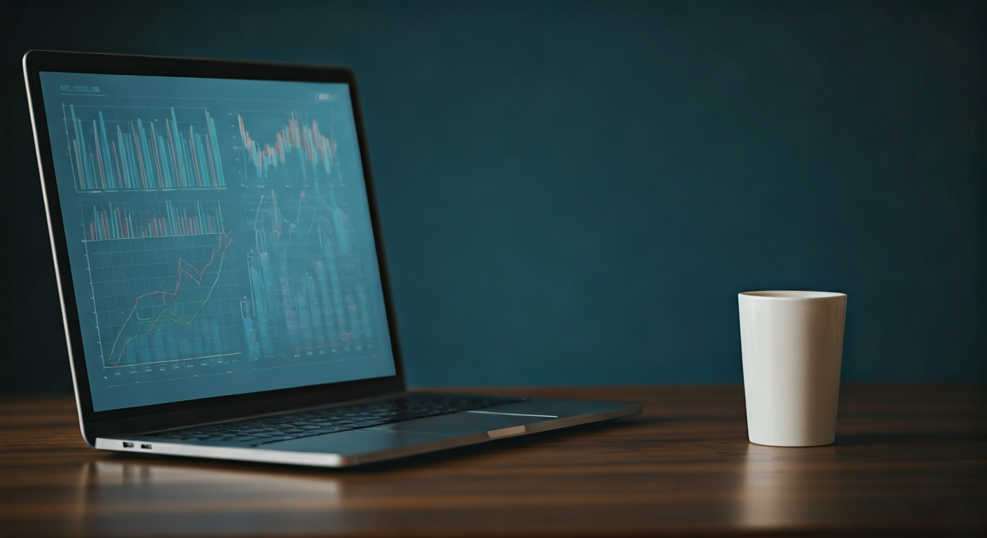 Laptop displaying graphs beside coffee cup