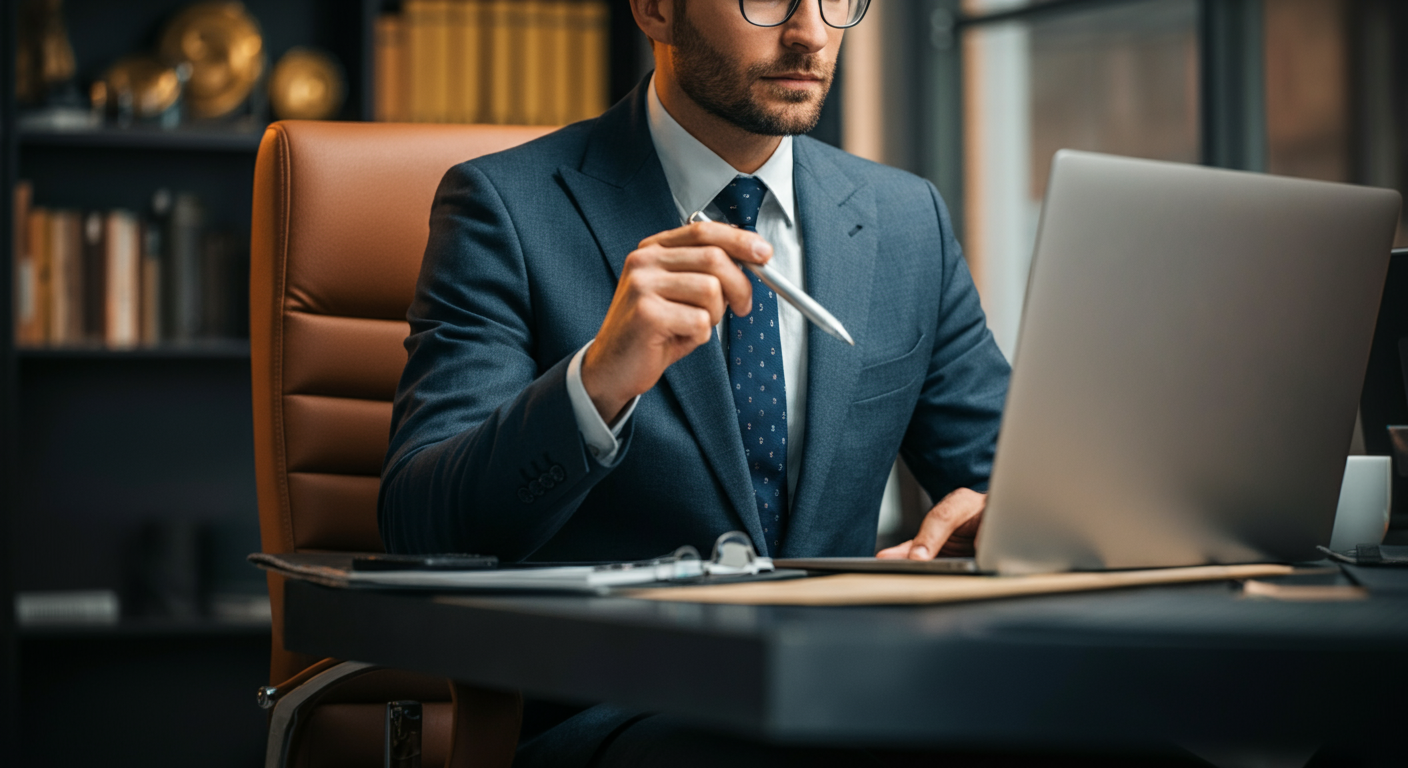 Businessman working on laptop in office.