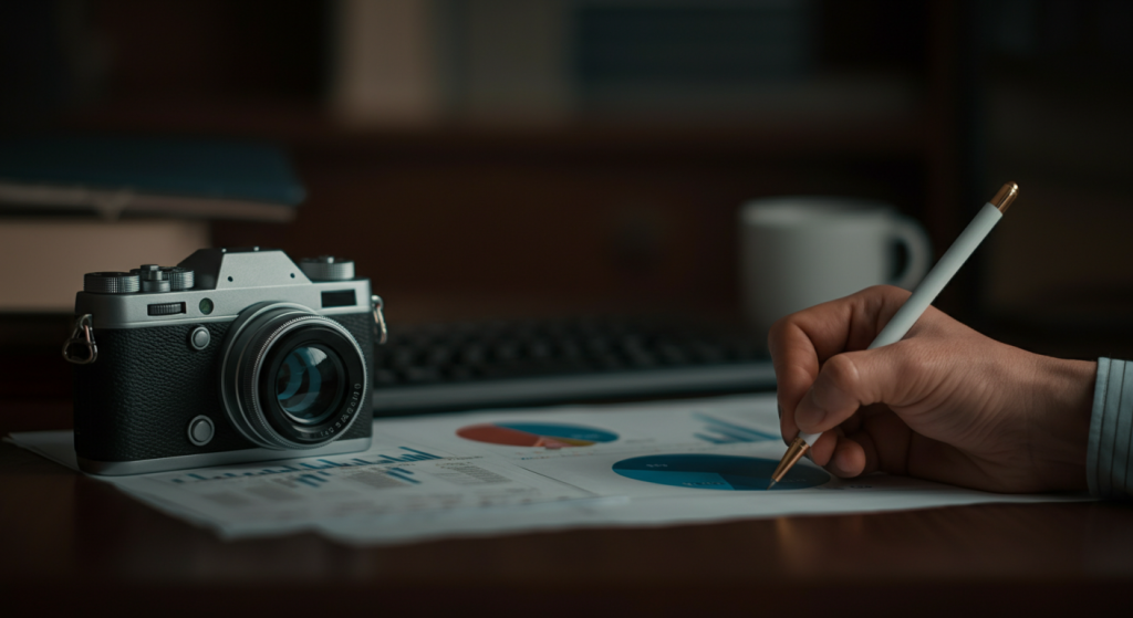 Camera and person analyzing financial graphs.