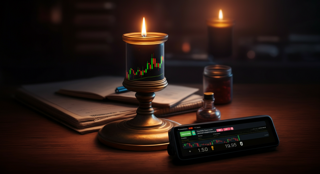 Candle holder with financial chart display.