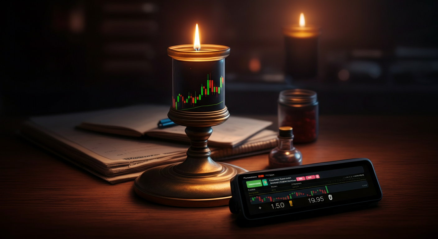 Candle holder with financial chart display.