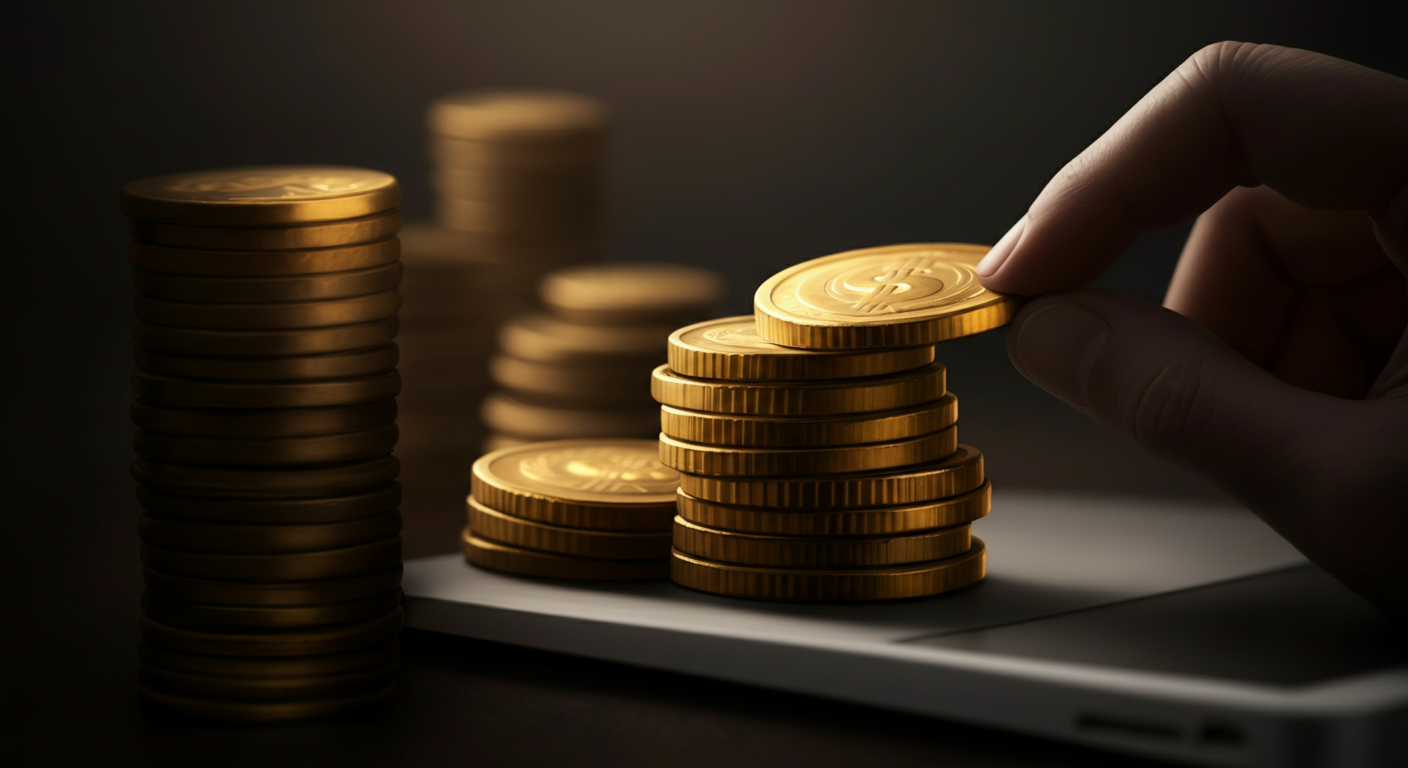 Stacking gold coins on a laptop.