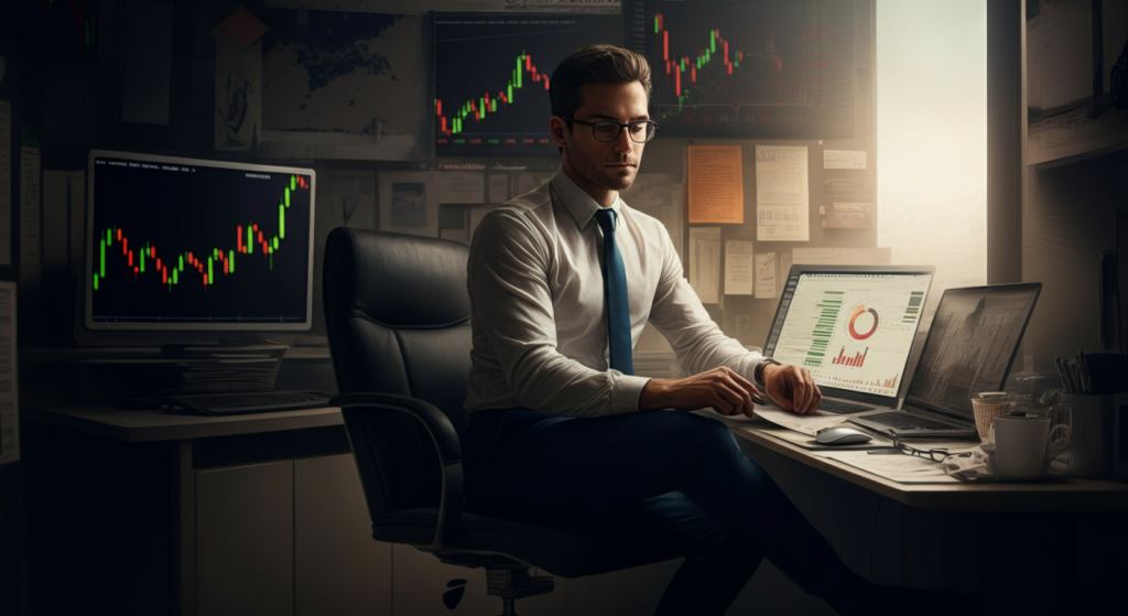 Stock analyst working with financial charts in office.