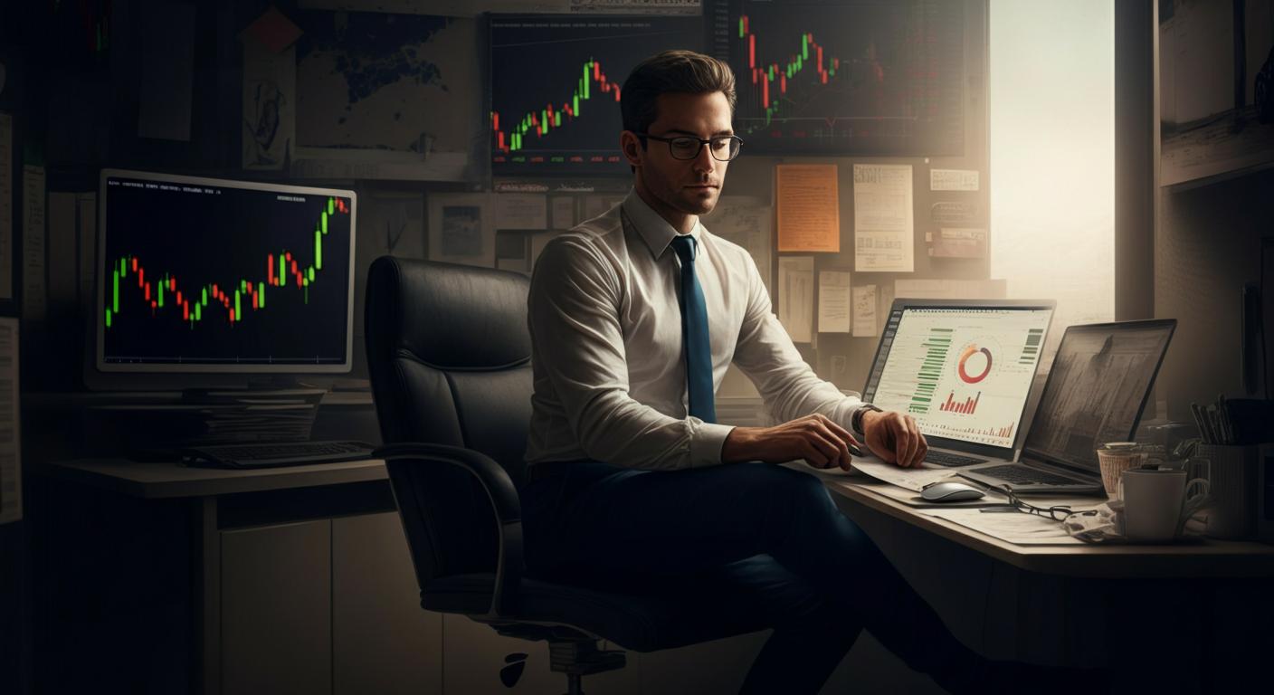 Stock analyst working with financial charts in office.