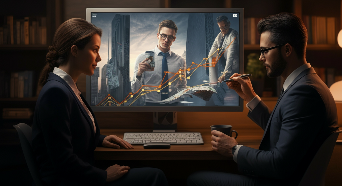 Business professionals analyzing financial graphs on screen.