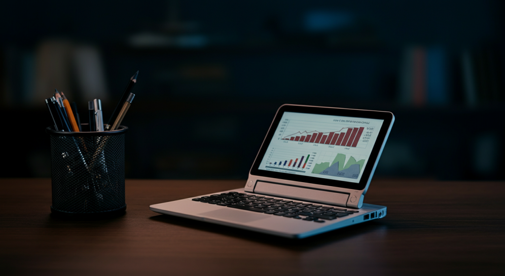 Laptop displaying financial charts next to pen holder.