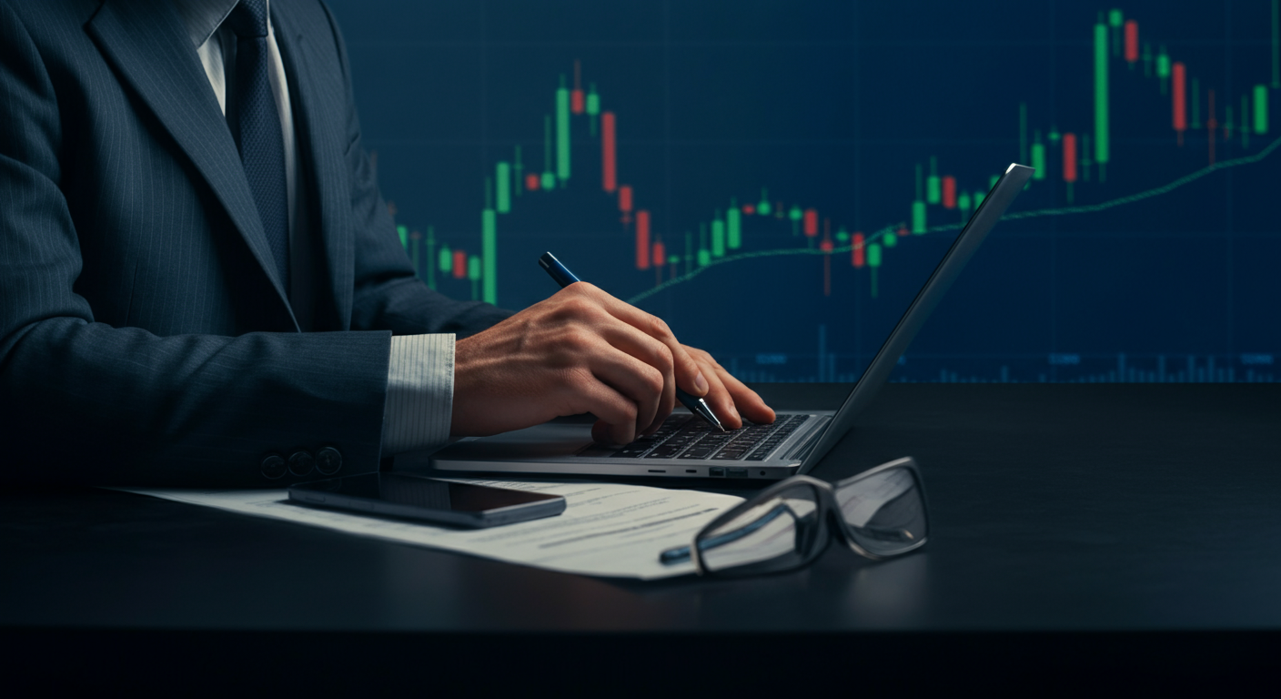 Businessman analyzing stock market data on laptop