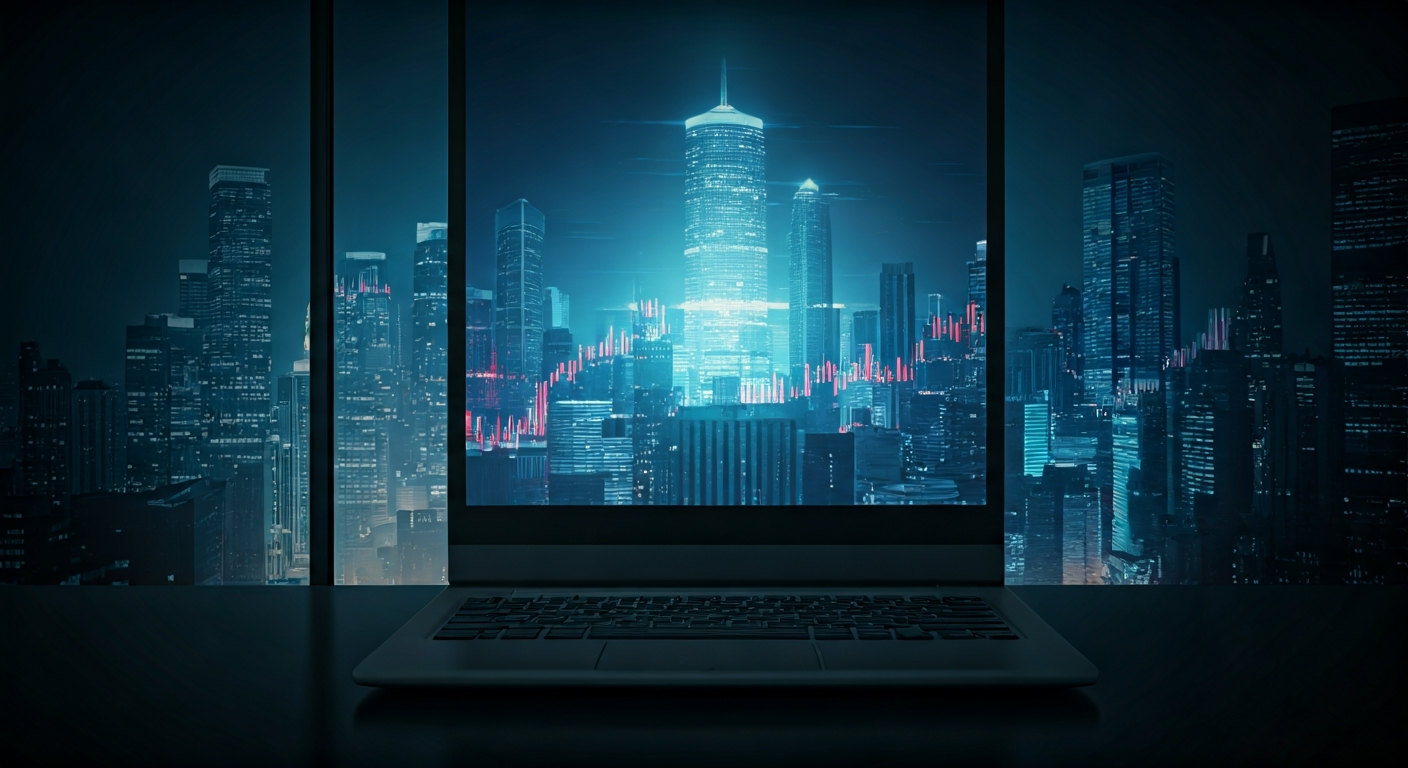 Laptop displays cityscape with digital graphs