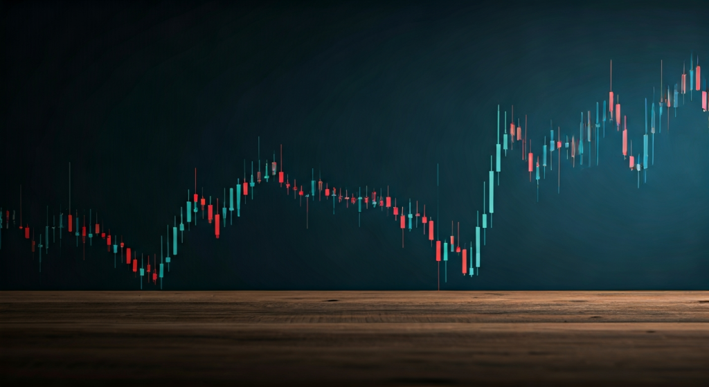Candlestick chart on wooden surface background