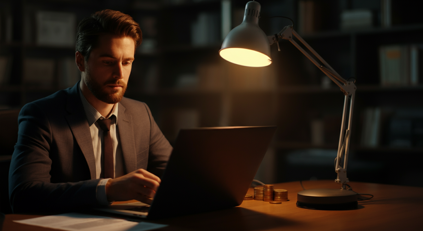 Man in suit working on laptop at desk