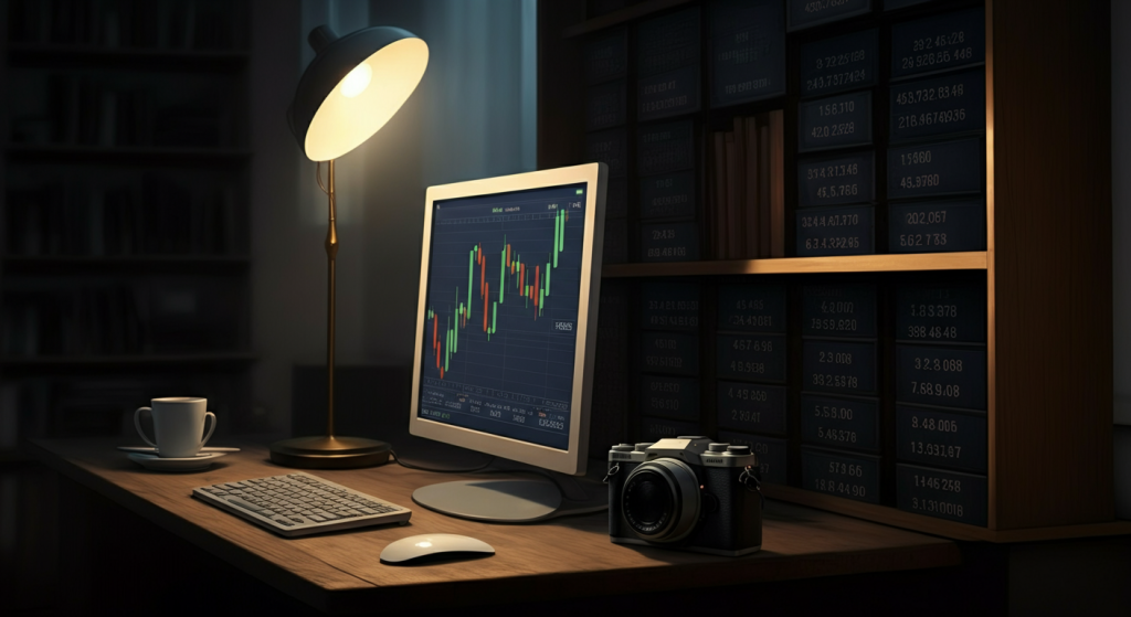 Desk with monitor showing stock market chart