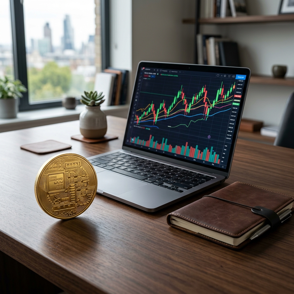 Cryptocurrency chart on laptop with coin nearby.