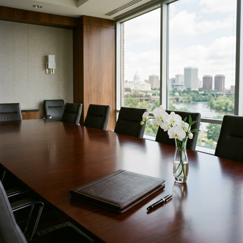 Modern conference room with view and flowers.