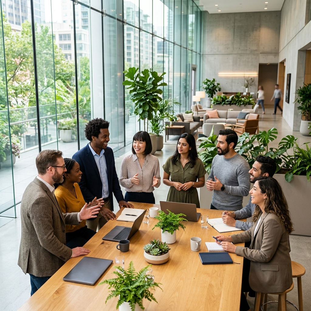 Diverse team having a meeting in modern office.