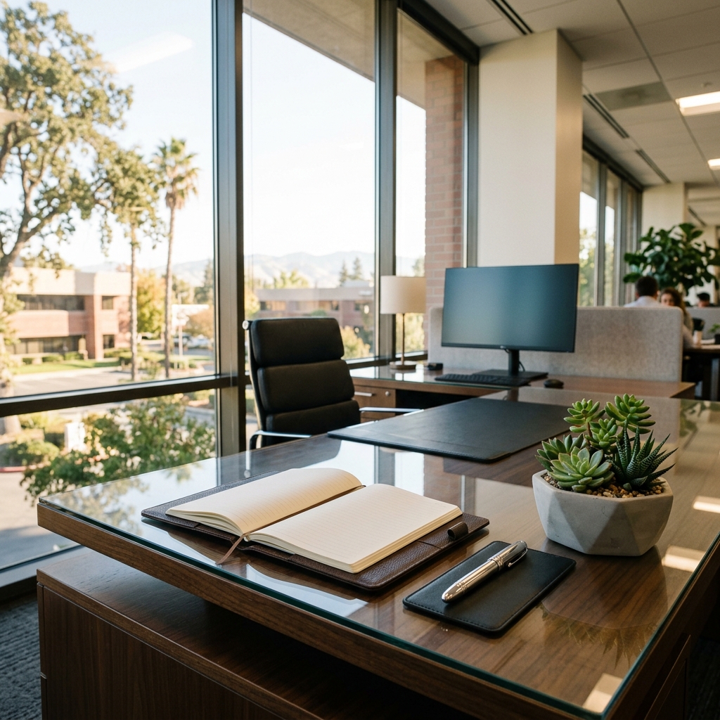 Modern office desk with plants and open notebook.