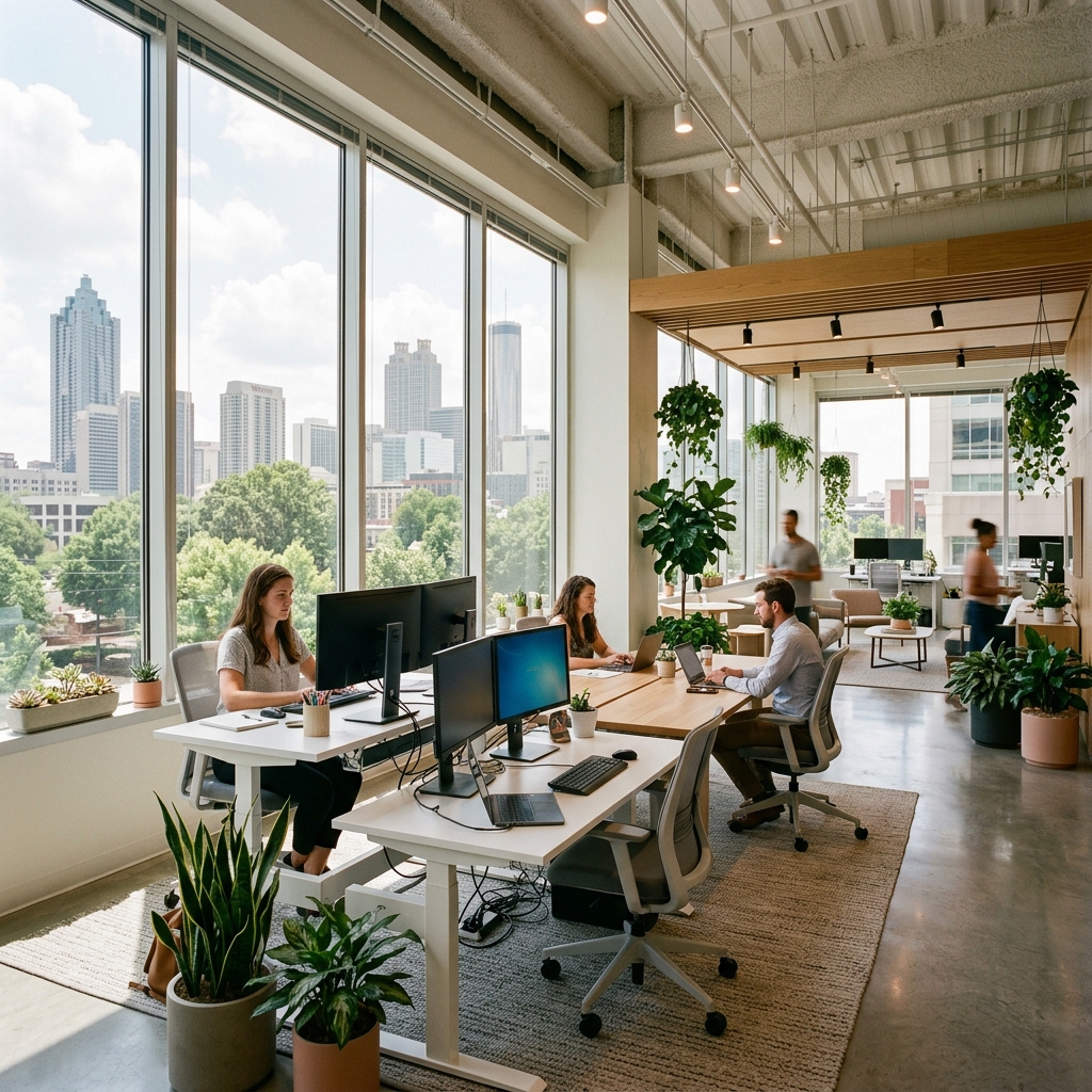 Modern office with city skyline view and plants.