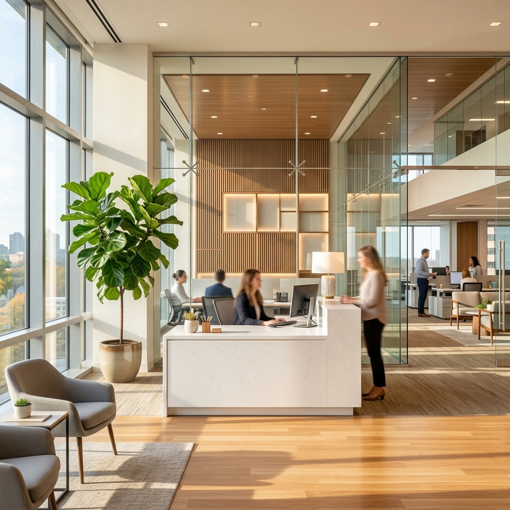 Modern office reception area with large windows.