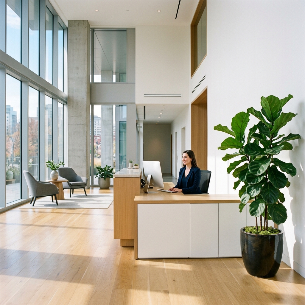 Receptionist at modern office desk with large plant.