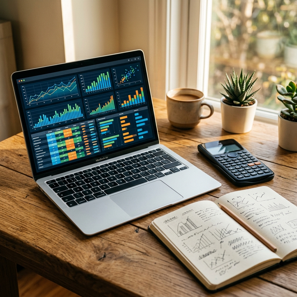 Laptop with charts, notebook, calculator on desk.