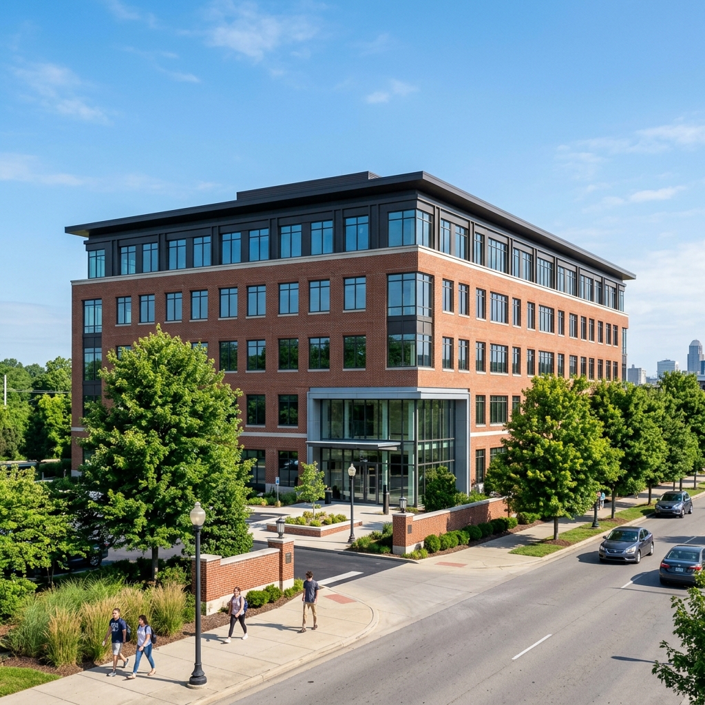 Modern brick office building on sunny street