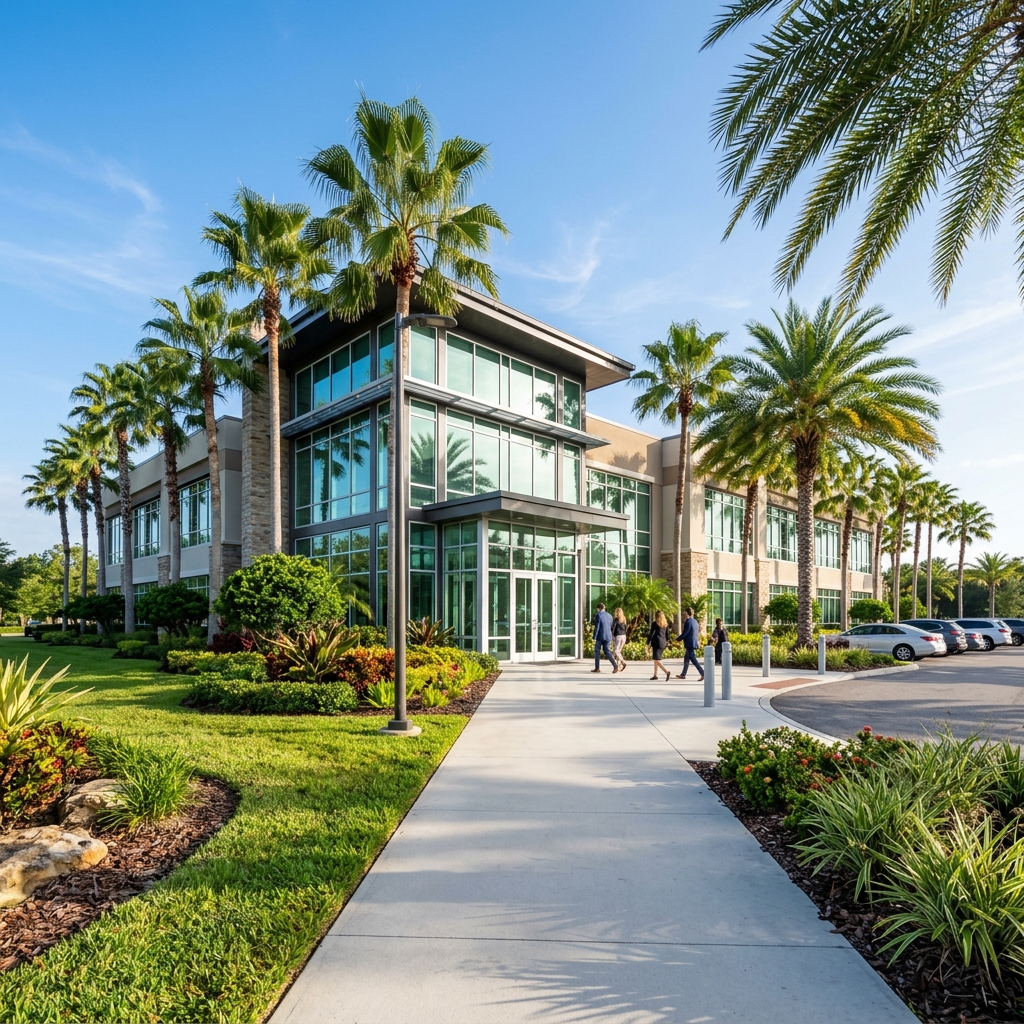 Modern office building with palm trees and walkway.