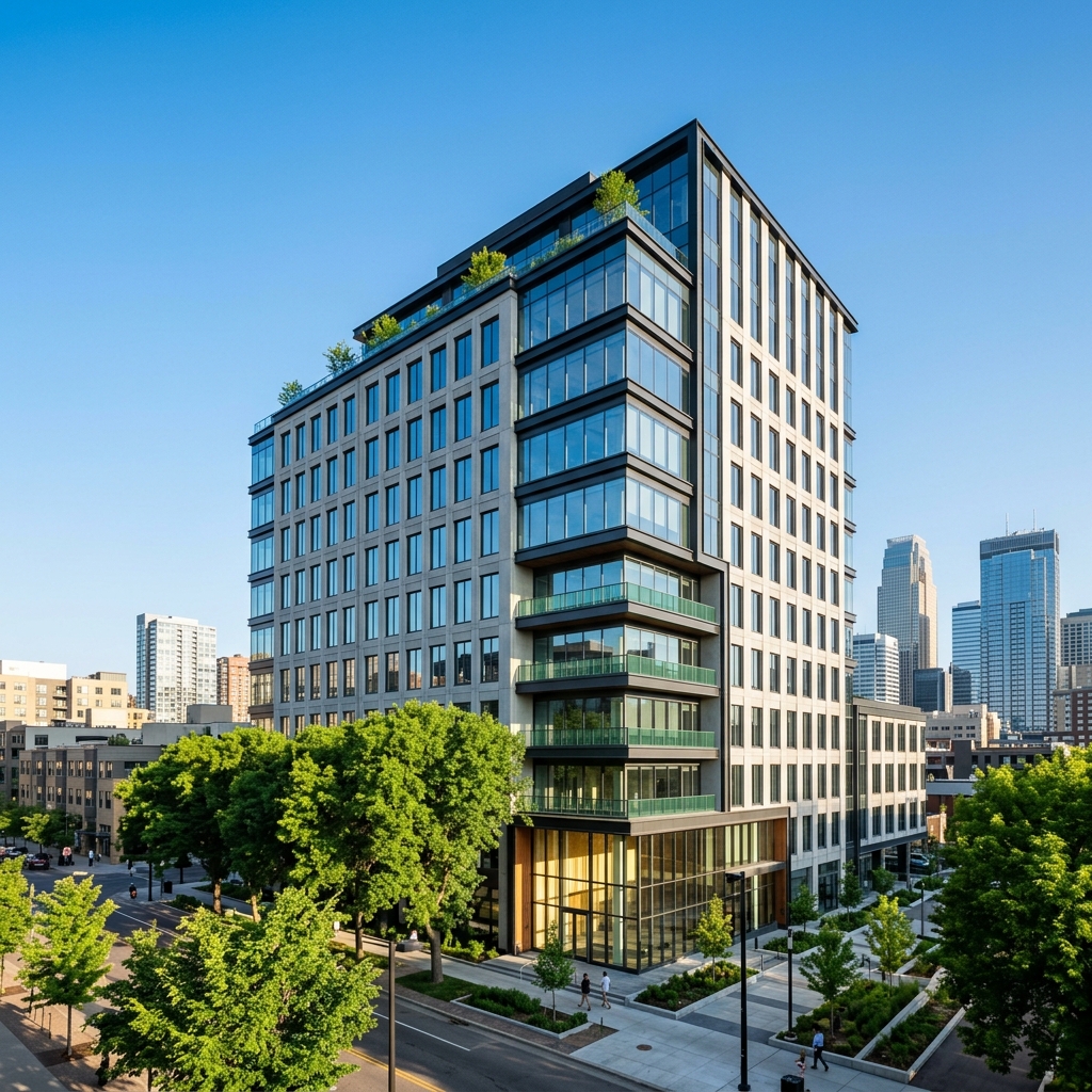 Modern urban building with green landscaping